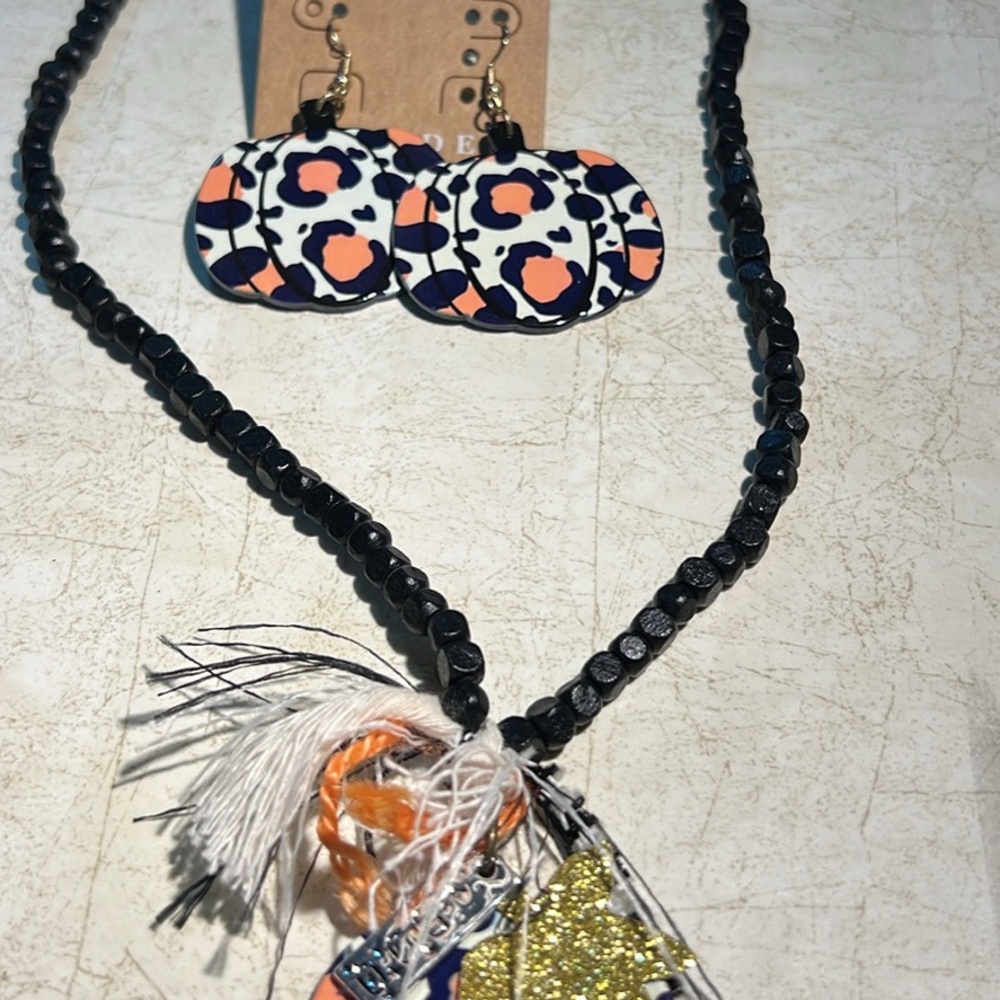 Pumpkin necklace and earrings. Ghost earrings and spider earrings sold as a set.